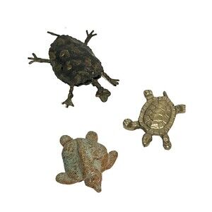 Set of 3 Turtle Figurines Brass Terracotta Metal Artsy Collectible Tortoise